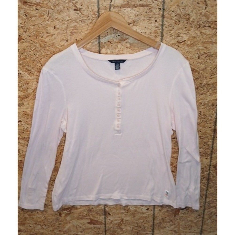 Tommy Hilfiger Womens XL Henley Top White Ribbed Fitted Button Preppy Y2K